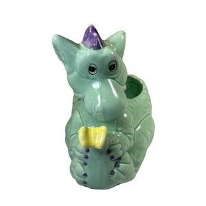Napco Green Dragon Ceramic Planter Pot Holder Yellow Flower Purple Accents
